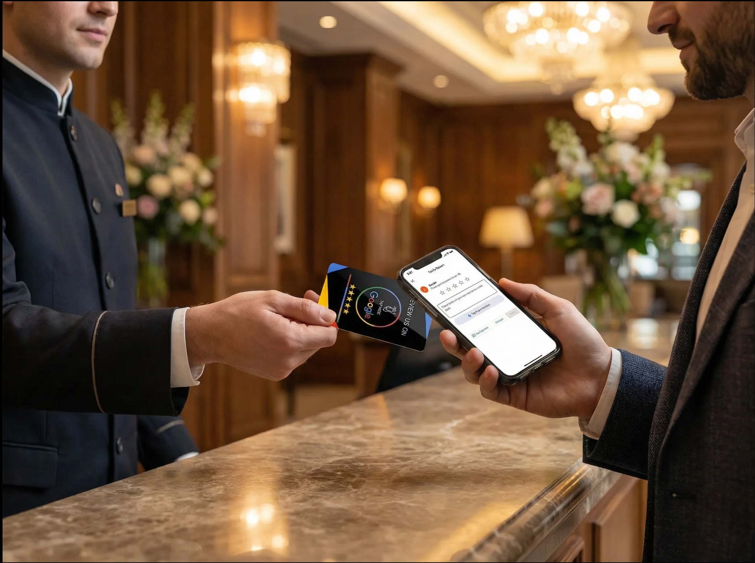 Hotel concierge presenting NFC card to guest at luxury hotel lobby