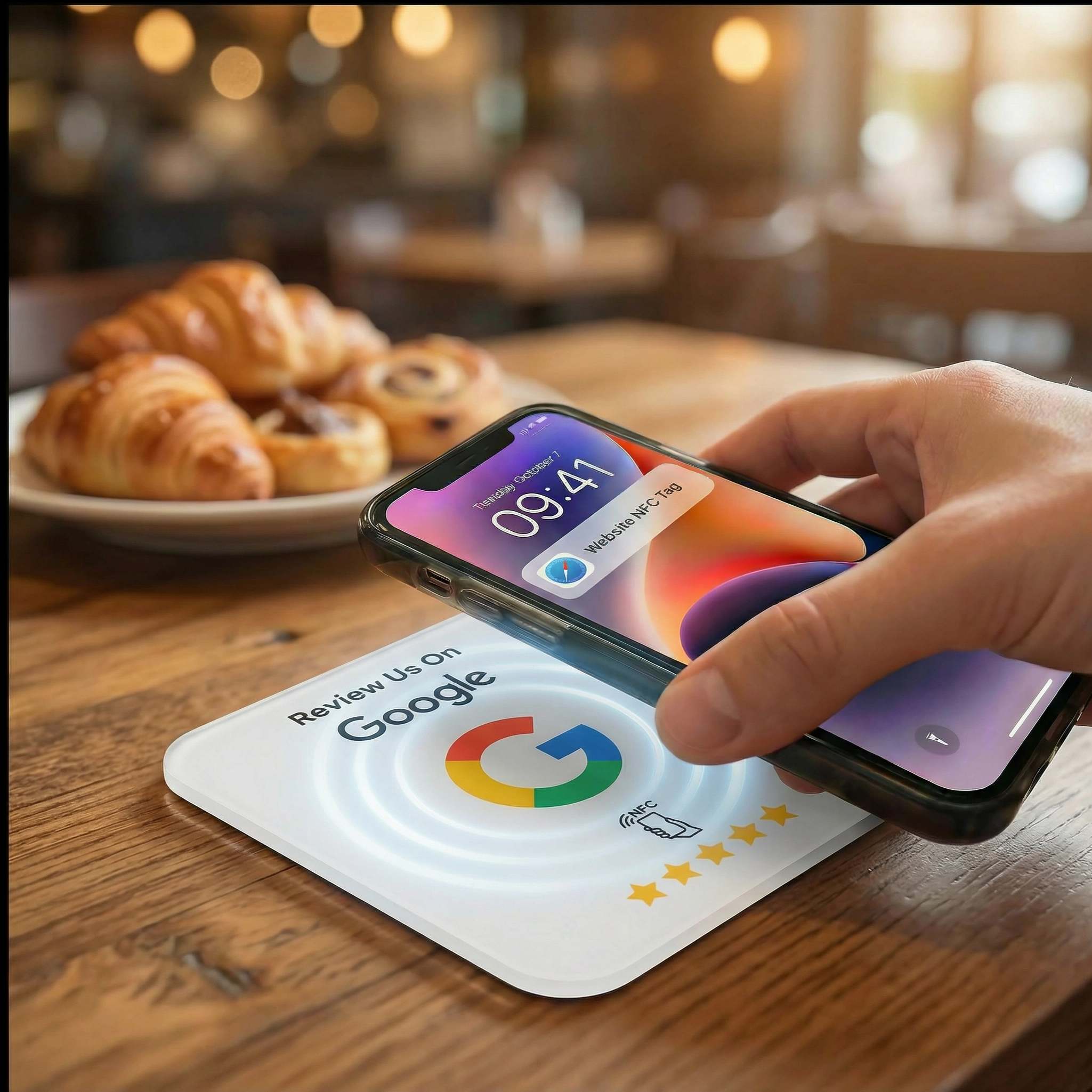 Customer tapping phone on NFC review plate in a cafe, phone showing NFC tag notification