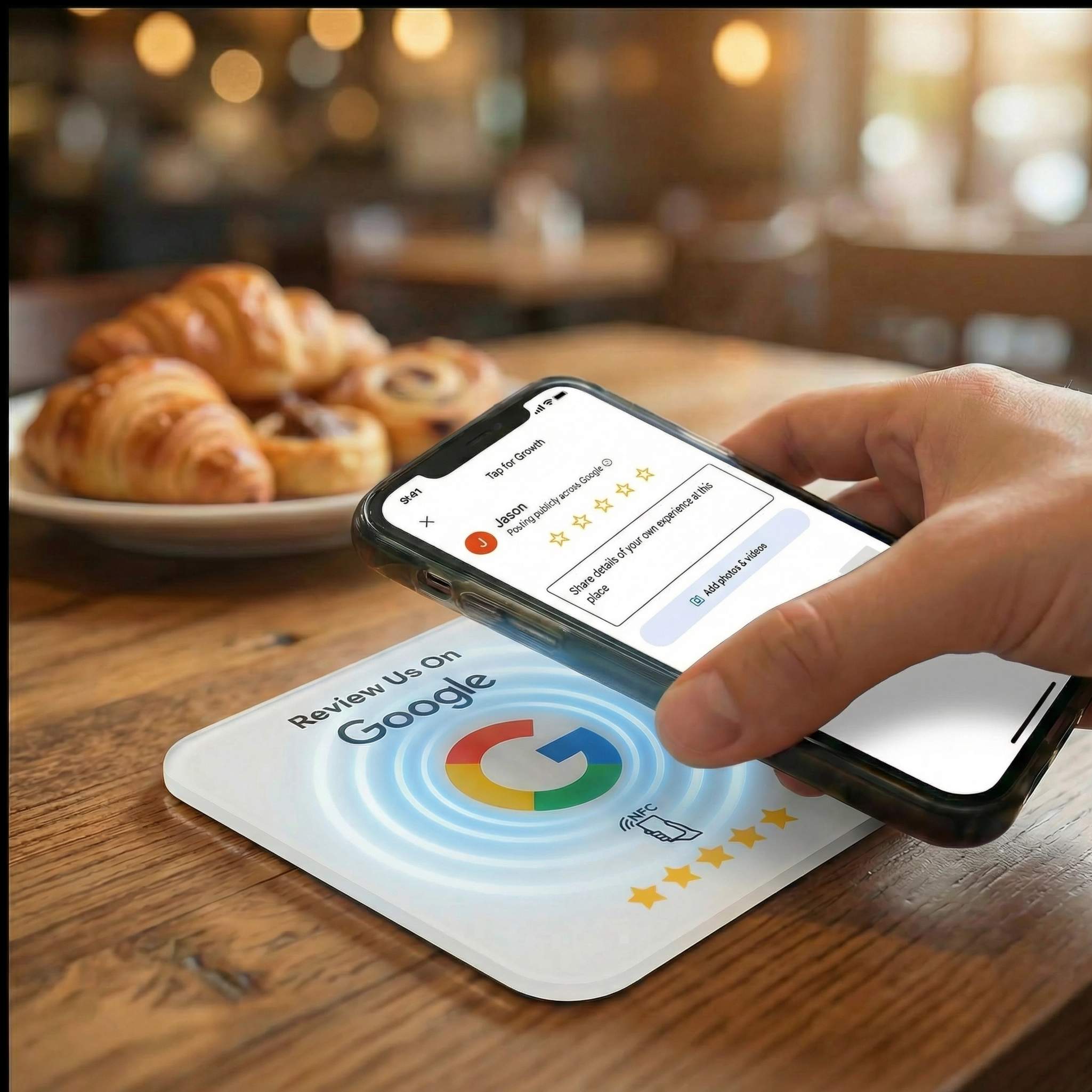 Customer tapping phone on NFC review plate, phone showing Google review form ready to fill out