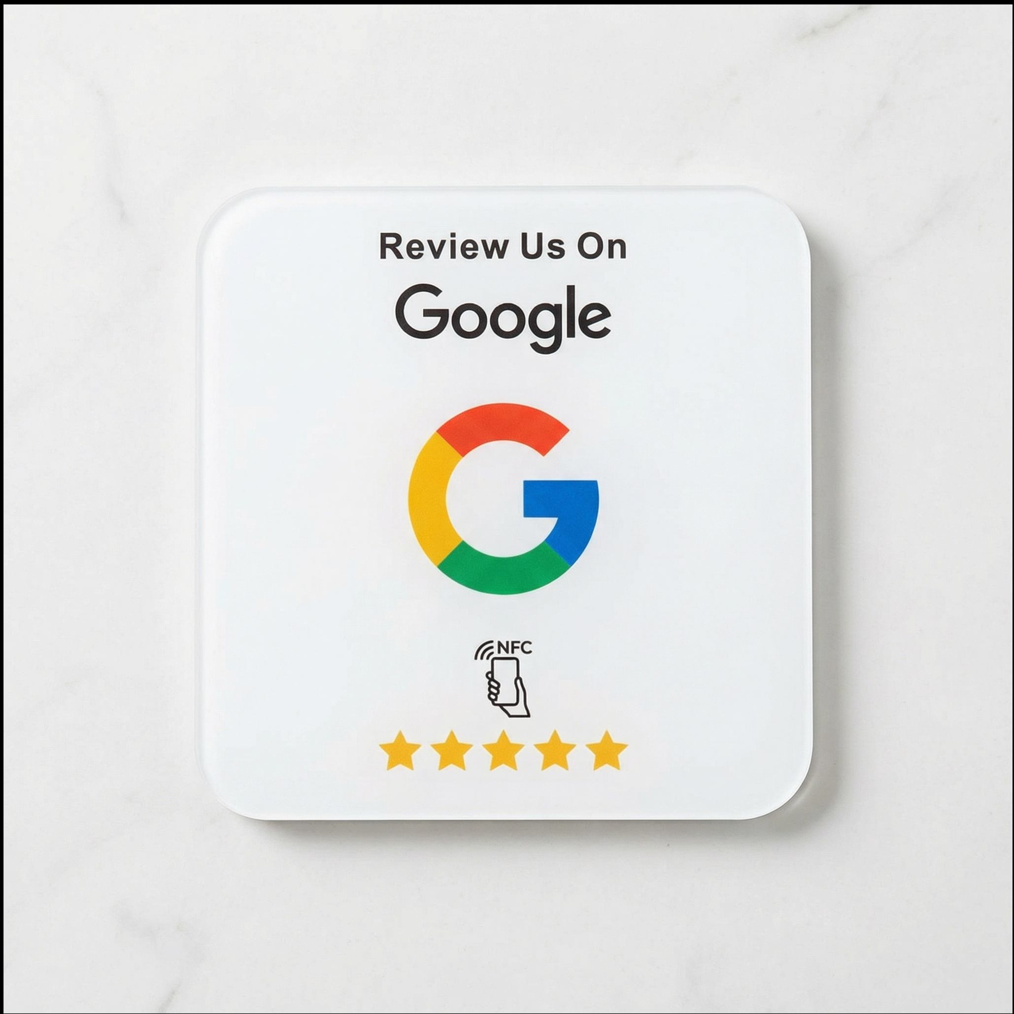 Premium white NFC Google review plate overhead view on marble