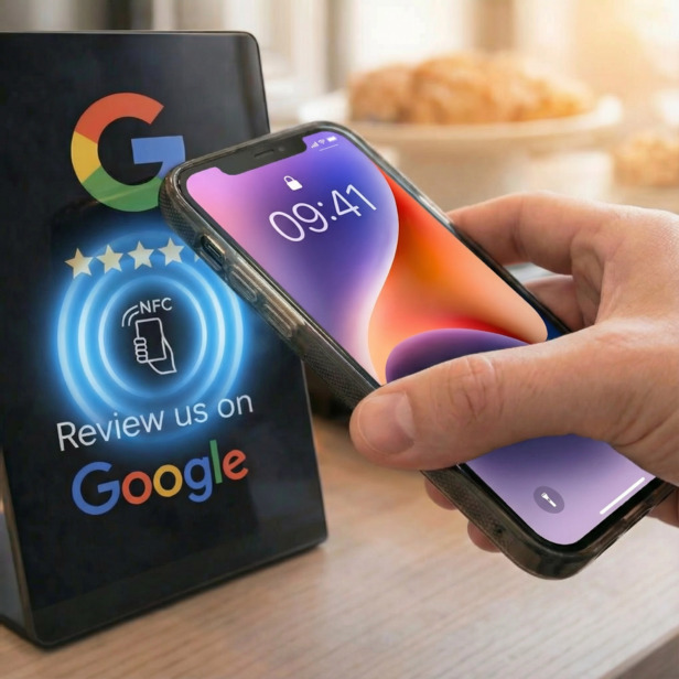 Customer tapping phone on NFC review stand to leave a Google review